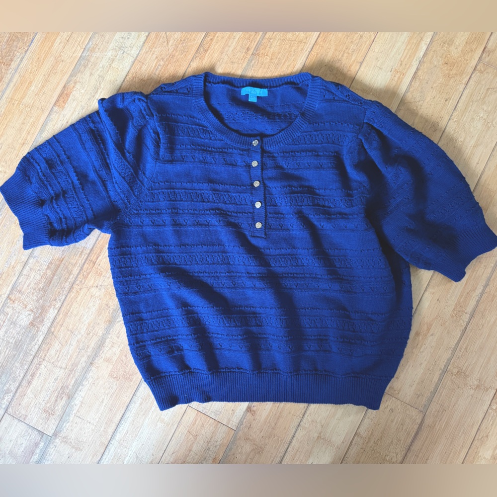 Draper James Navy Blue Textured Short Sleeve Sweater